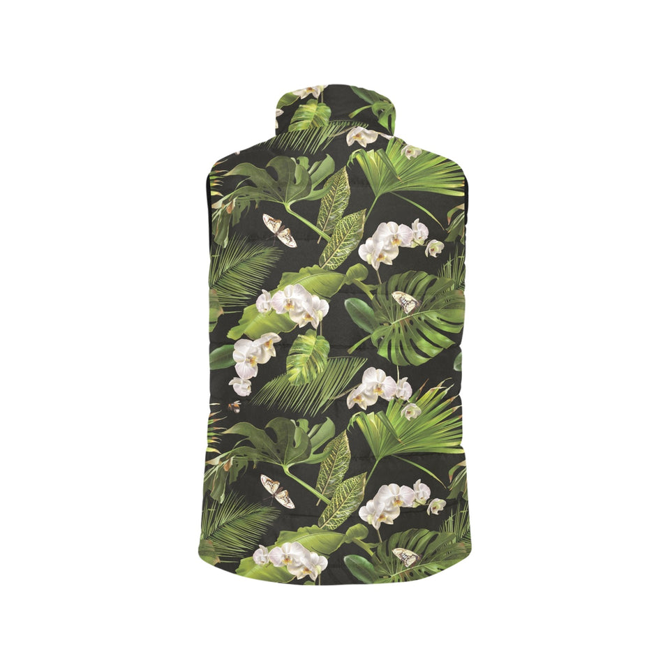 White orchid flower tropical leaves pattern blackg Women's Padded Vest