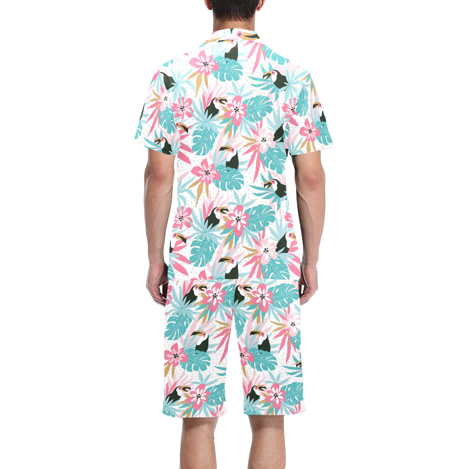 Toucan tropical flower leave pattern Men's V-Neck Short Pajama Set