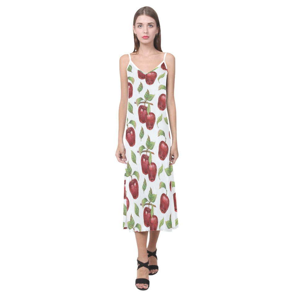 Red apples pattern V-Neck Open Fork Long Dress