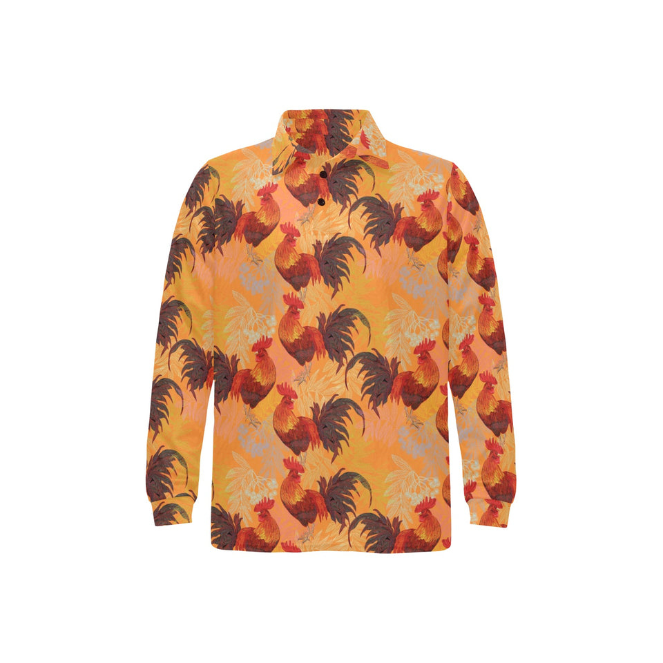 red rooster chicken cock pattern Men's Long Sleeve Polo Shirt