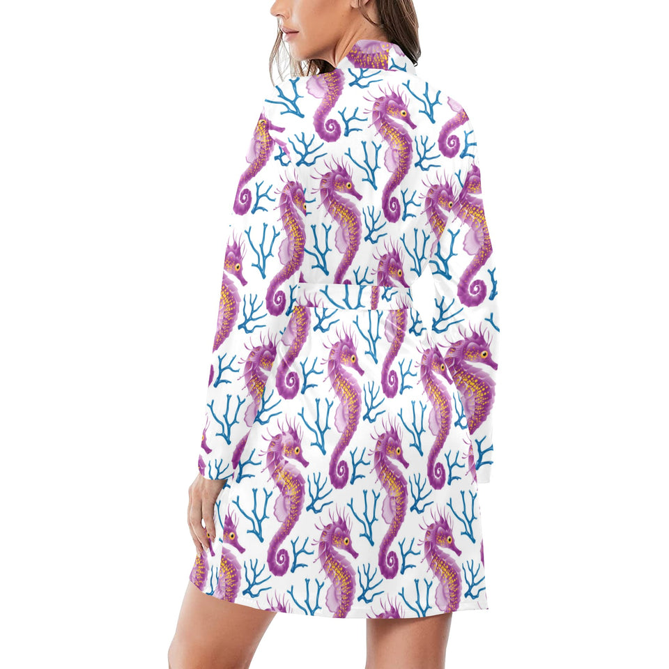Purple seahorse blue coral pattern Women's Long Sleeve Belted Night Robe