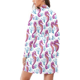 Purple seahorse blue coral pattern Women's Long Sleeve Belted Night Robe