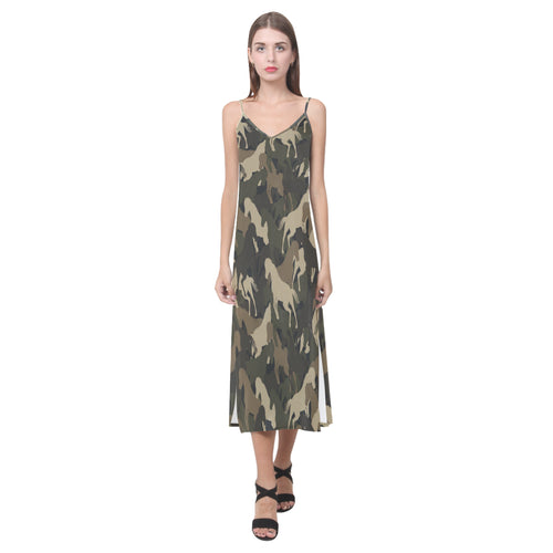 Horse Camouflage Pattern V-Neck Open Fork Long Dress