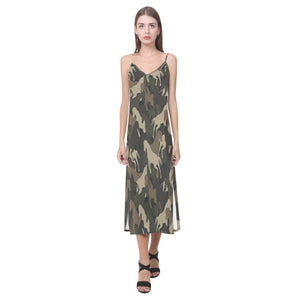 Horse Camouflage Pattern V-Neck Open Fork Long Dress