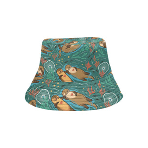 cute brown sea otters ornamental seaweed corals gr Unisex Bucket Hat