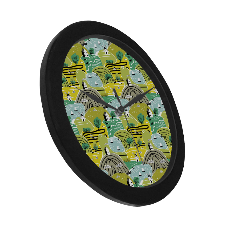 Hand drawn windmill pattern Elegant Black Wall Clock