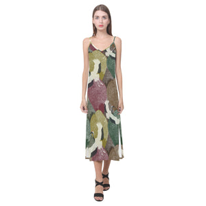 Japanese cranes flying forest dot pattern V-Neck Open Fork Long Dress