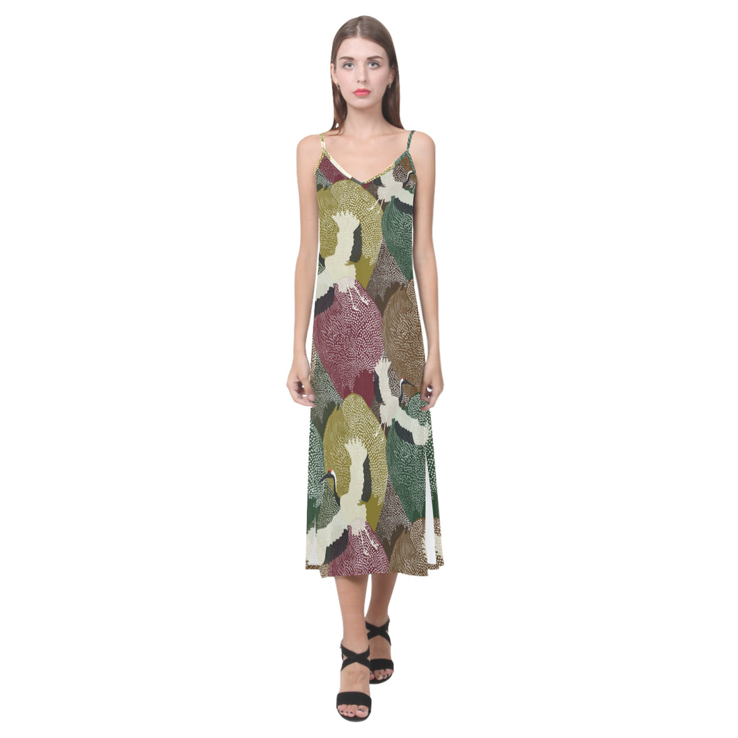 Japanese cranes flying forest dot pattern V-Neck Open Fork Long Dress