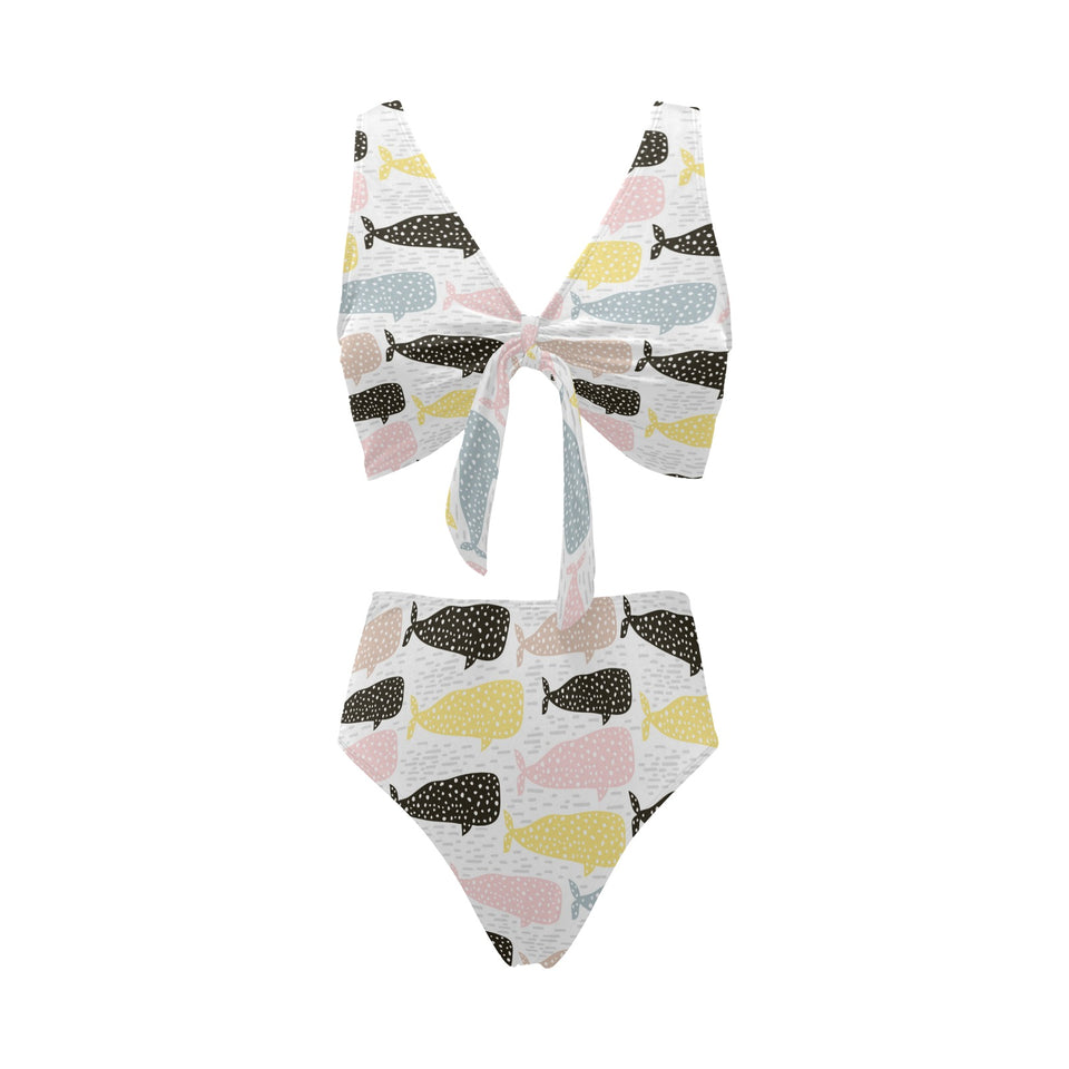 Whale dot pattern Chest Bowknot High Waisted Bikini Swimsuit
