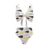 Whale dot pattern Chest Bowknot High Waisted Bikini Swimsuit
