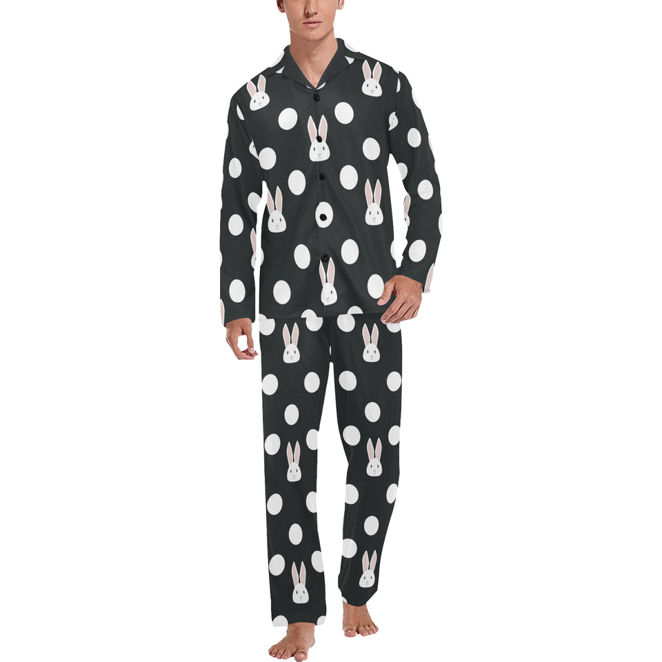 Cute white rabbit polka dots black background Men's Long Pajama Set