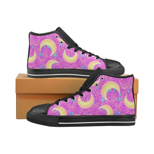 Moon pink rose background Women's High Top Canvas Shoes Black