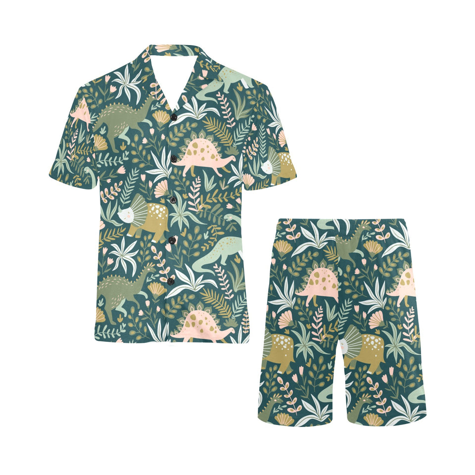 dinosaurs tropical leaves flower pattern Men's V-Neck Short Pajama Set