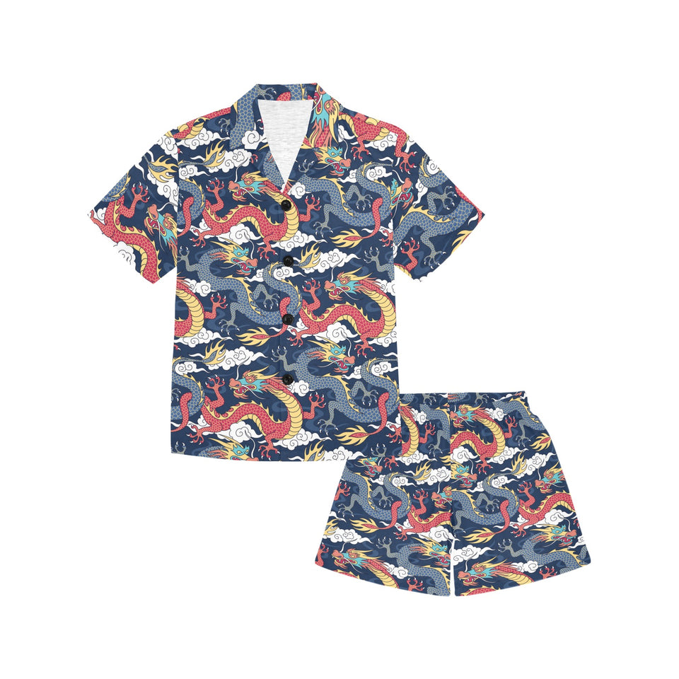 Blue red dragon cloud pattern Kids' Boys' Girls' V-Neck Short Pajama Set