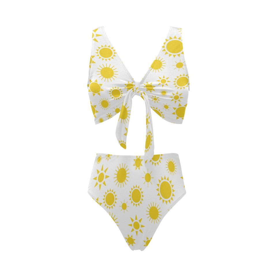 Sun pattern Chest Bowknot High Waisted Bikini Swimsuit
