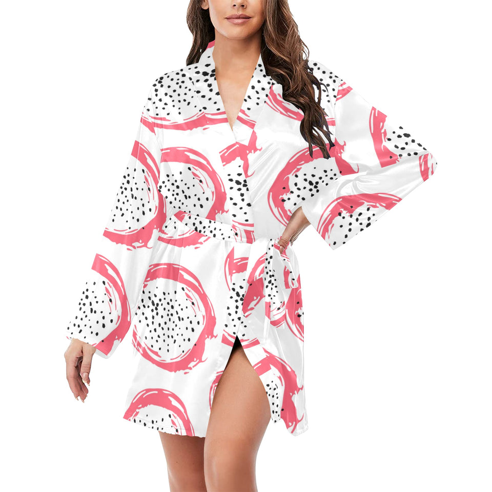 Hand drawn dragon fruit Women's Long Sleeve Belted Night Robe