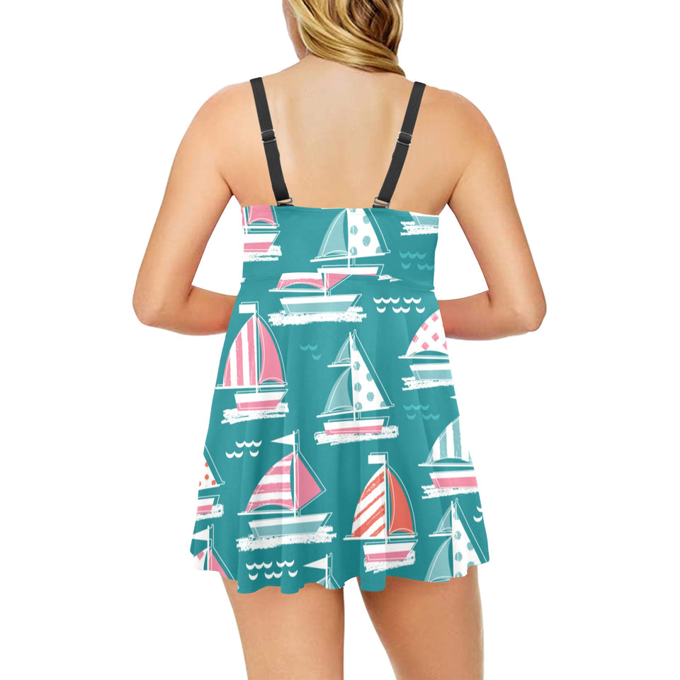 Cute sailboat pattern Chest Sexy Pleated Two Piece Swim Dress