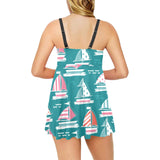 Cute sailboat pattern Chest Sexy Pleated Two Piece Swim Dress