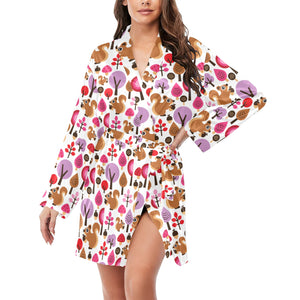 Squirrel Pattern Print Design 02 Women's Long Sleeve Belted Night Robe