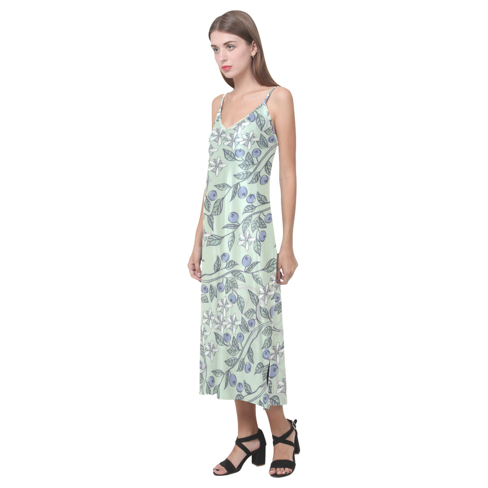 hand drawn blueberry pattern V-Neck Open Fork Long Dress