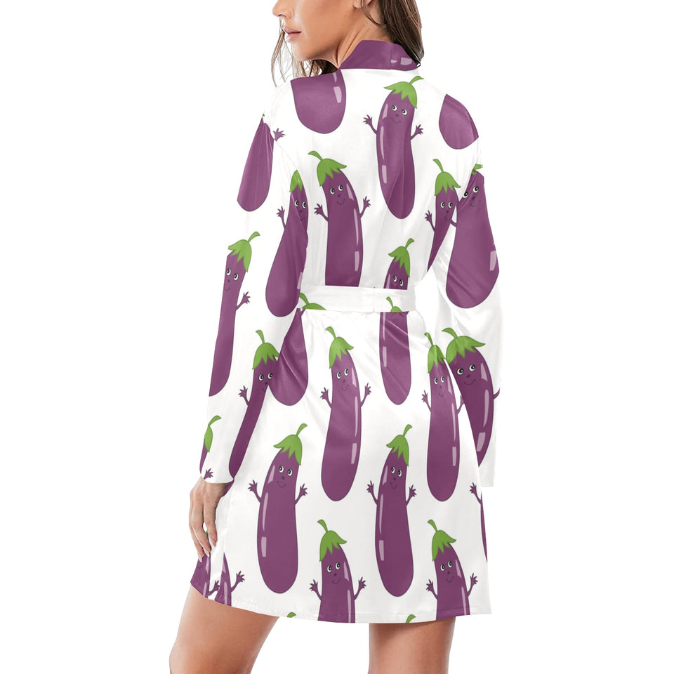 Eggplant Pattern Print Design 01 Women's Long Sleeve Belted Night Robe
