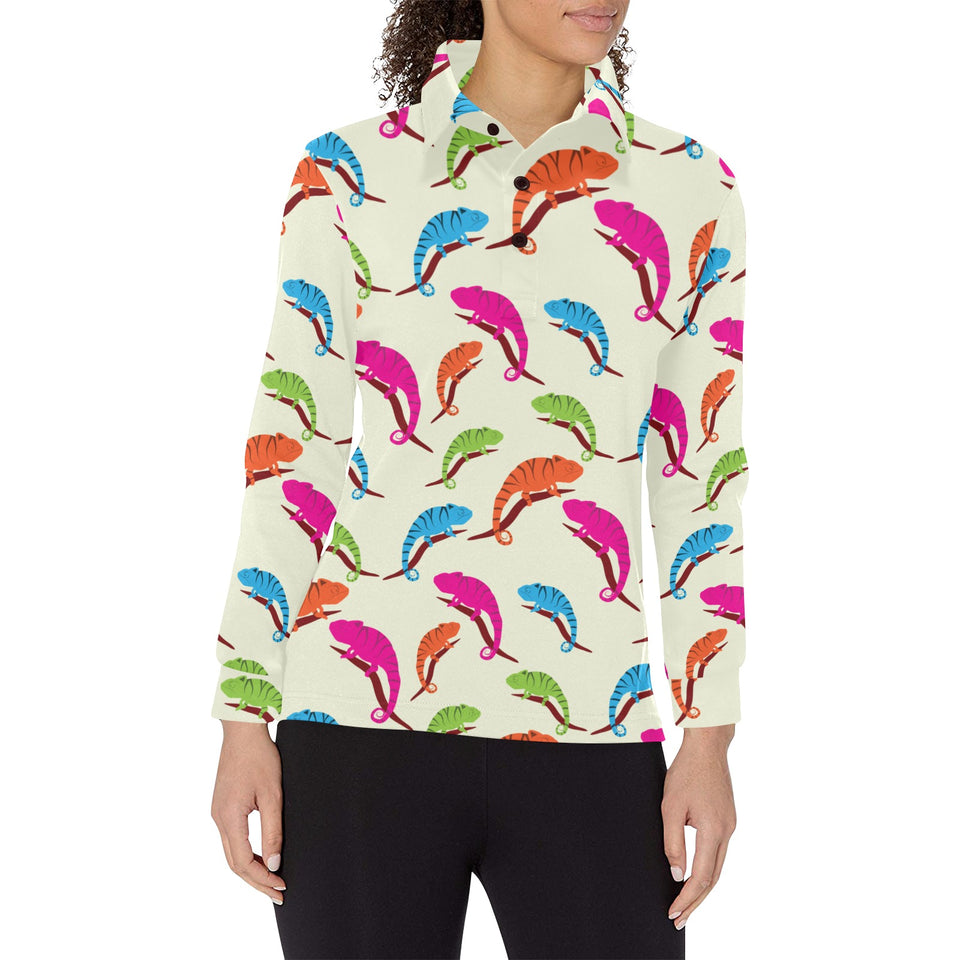 Colorful Chameleon lizard pattern Women's Long Sleeve Polo Shirt