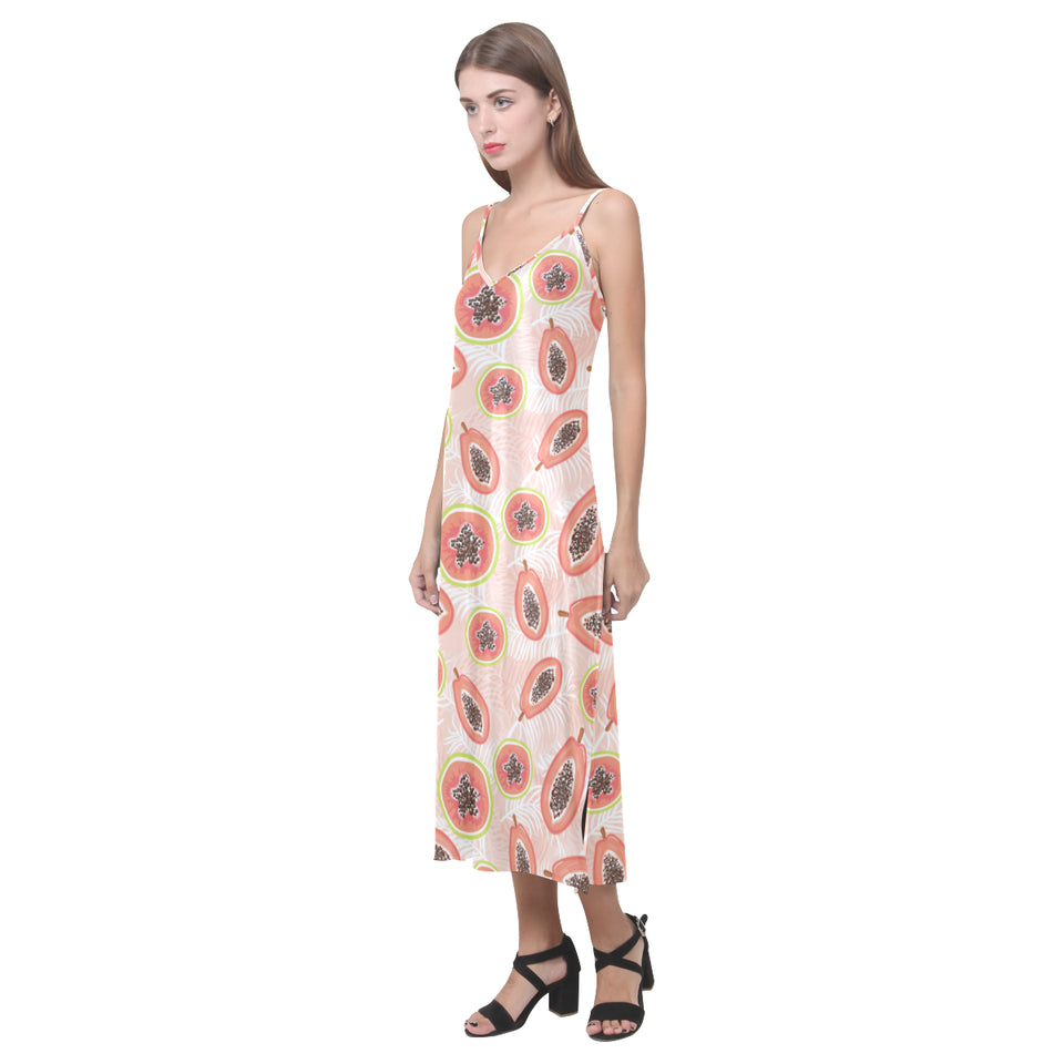 papaya leaves pattern V-Neck Open Fork Long Dress