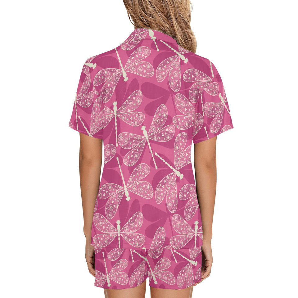 Beautiful dragonfly pink background Women's V-Neck Short Pajama Set