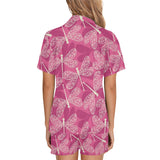 Beautiful dragonfly pink background Women's V-Neck Short Pajama Set