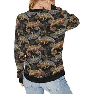 Chameleon lizard tropical leaves palm tree Women's Crew Neck Sweatshirt
