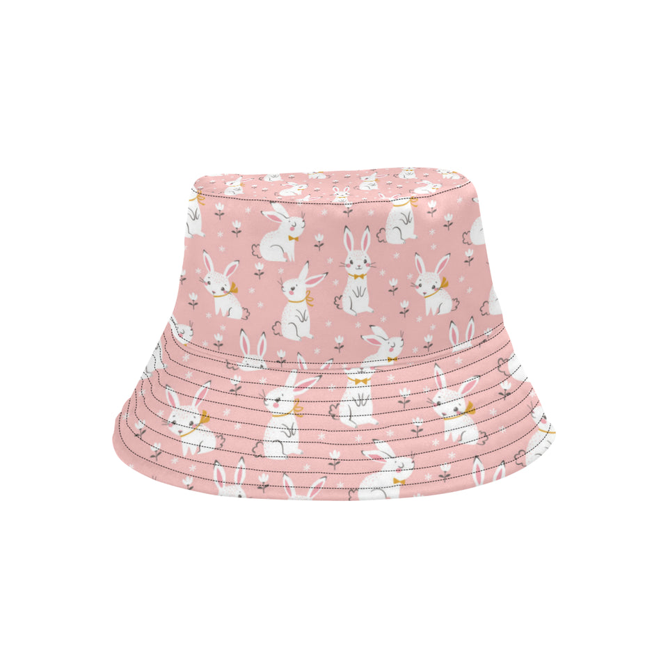 Cute white rabbit flower pink background Unisex Bucket Hat