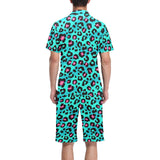 Green leopard skin print pattern Men's V-Neck Short Pajama Set