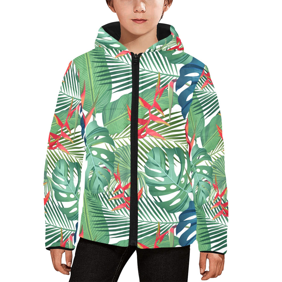 heliconia palm and monstera leaves pattern Kids' Boys' Girls' Padded Hooded Jacket
