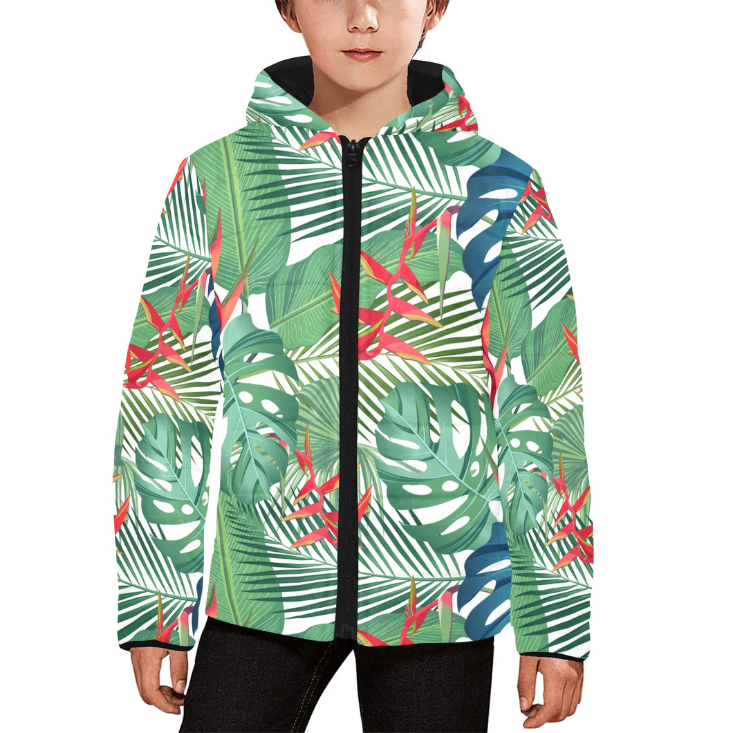 heliconia palm and monstera leaves pattern Kids' Boys' Girls' Padded Hooded Jacket