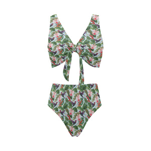 Hummingbird Pattern Print Design 05 Chest Bowknot High Waisted Bikini Swimsuit