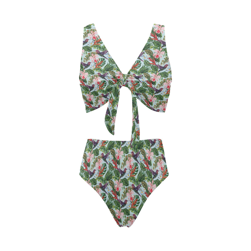 Hummingbird Pattern Print Design 05 Chest Bowknot High Waisted Bikini Swimsuit