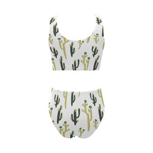 Cute cactus pattern Chest Bowknot High Waisted Bikini Swimsuit