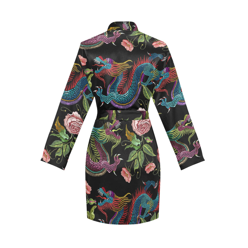 Dragons flower pattern Women's Long Sleeve Belted Night Robe