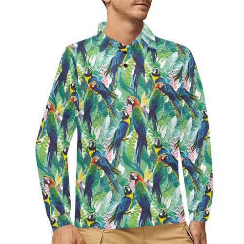 Colorful parrot exotic flower leaves Men's Long Sleeve Polo Shirt