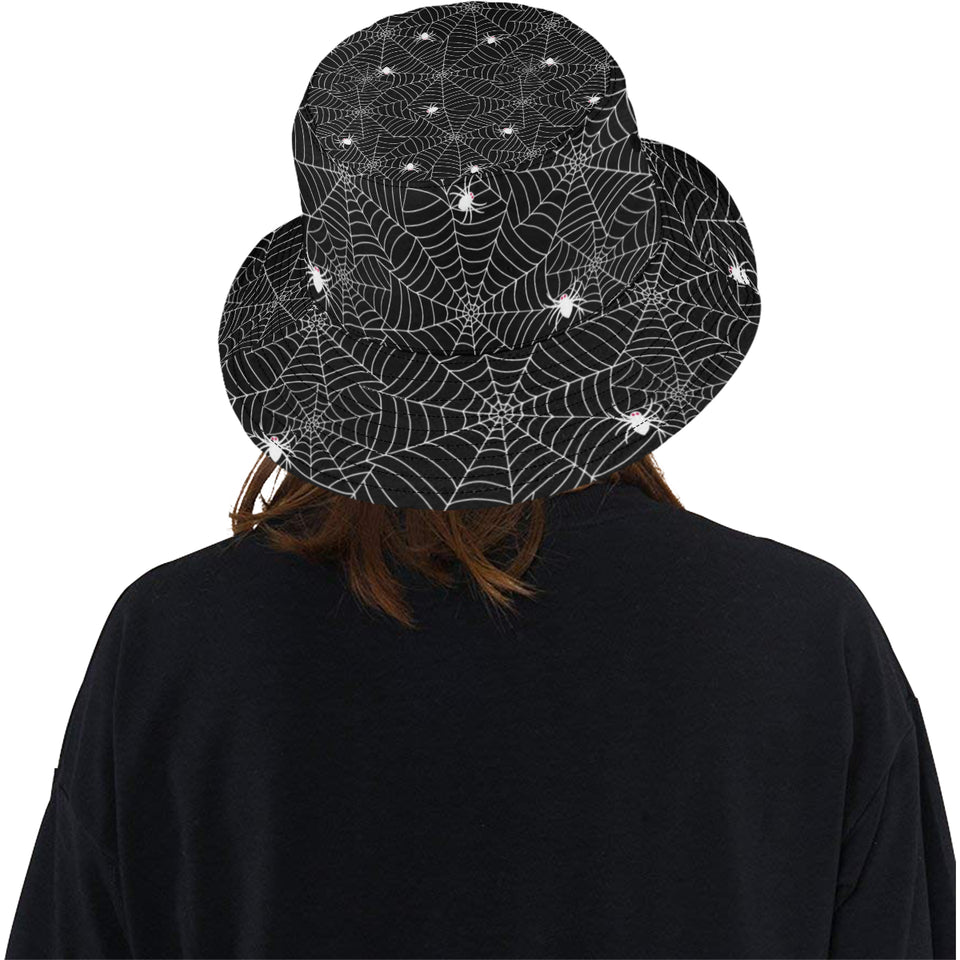 Spider web design pattern Black background white c Unisex Bucket Hat