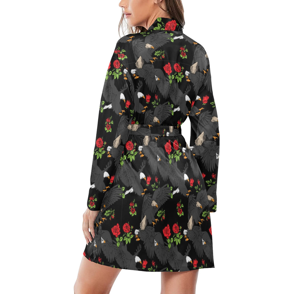 Eagle Pattern Print Design 04 Women's Long Sleeve Belted Night Robe