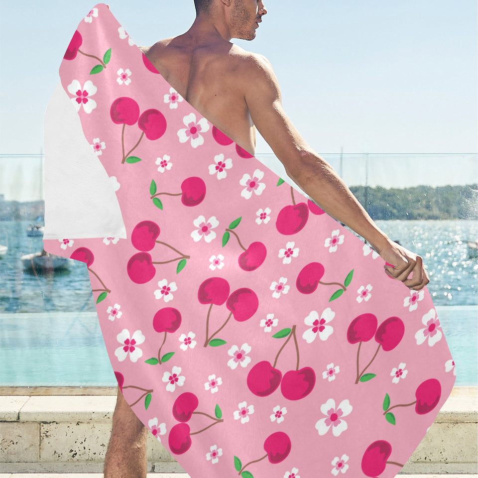 cherry flower pattern pink background Beach Towel