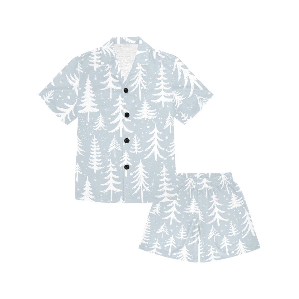 Christmas tree winter forest pattern Kids' Boys' Girls' V-Neck Short Pajama Set