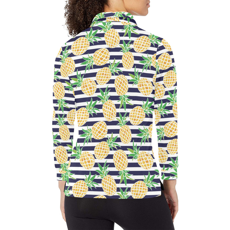 Pineapples pattern striped background Women's Long Sleeve Polo Shirt