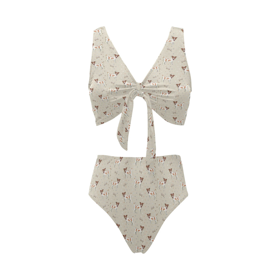 Jack Russel Pattern Print Design 02 Chest Bowknot High Waisted Bikini Swimsuit