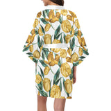 yellow tulips pattern Women's Short Kimono Robe