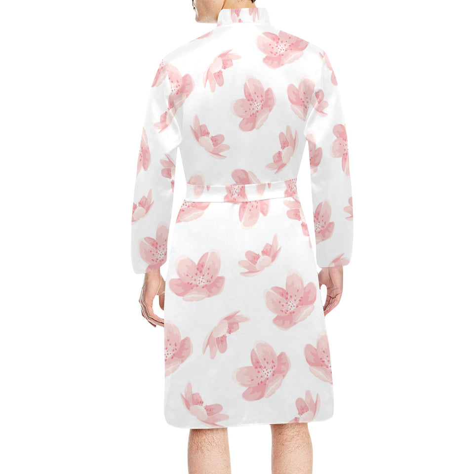 Pink sakura cherry blossom pattern Men's Long Sleeve Belted Night Robe