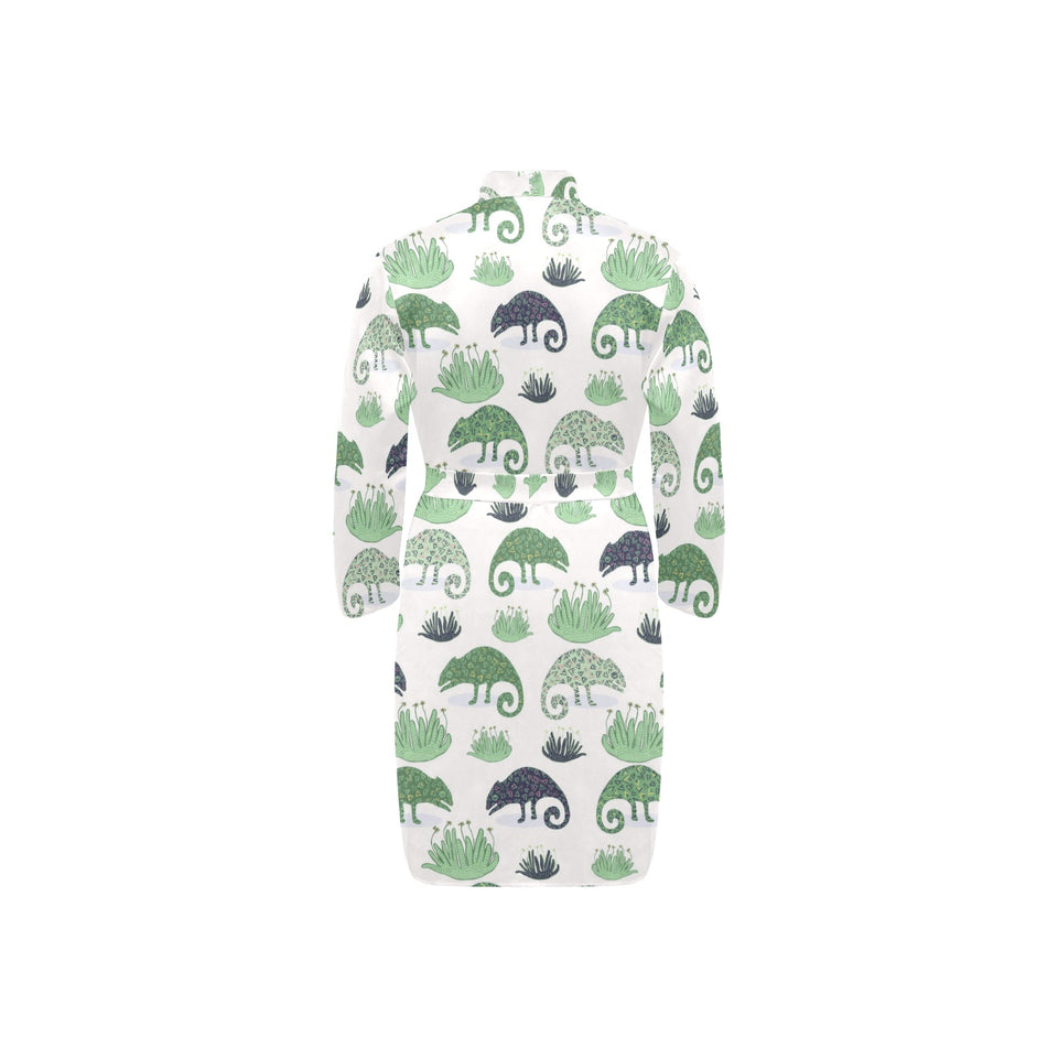 Chameleon lizard succulent plant pattern Men's Long Sleeve Belted Night Robe