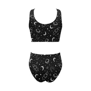 Hand drawn space rocket star planet Chest Bowknot High Waisted Bikini Swimsuit