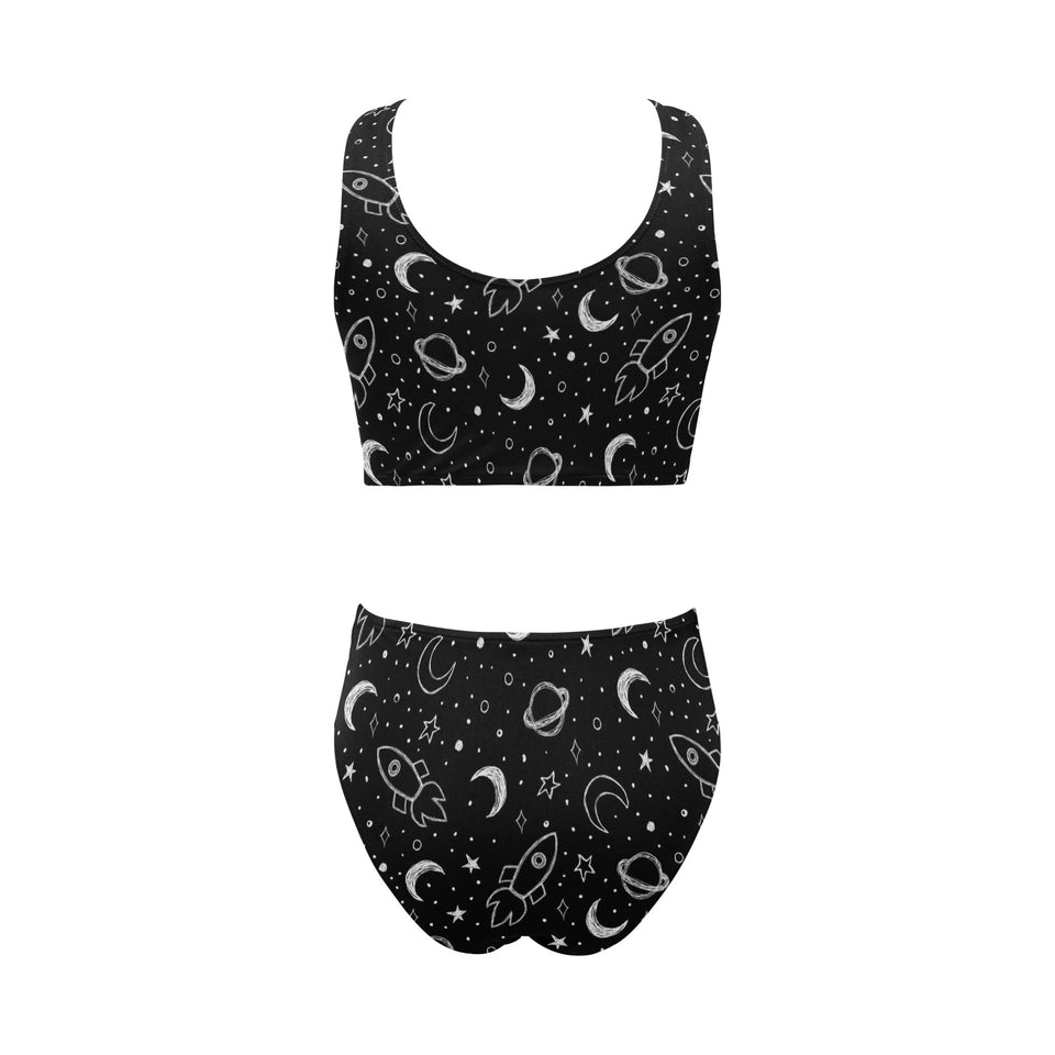 Hand drawn space rocket star planet Chest Bowknot High Waisted Bikini Swimsuit